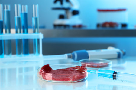 Piece of meat and syringe on table in laboratory. Space for text