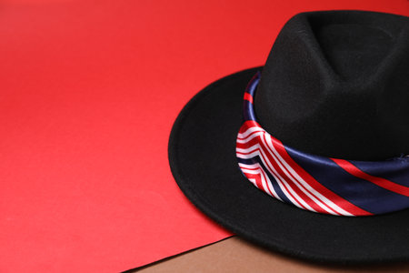 Black hat with striped scarf on color background, closeup. Space for textの写真素材