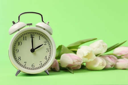 Spring time. Alarm clock and beautiful tulips on green backgroundの写真素材