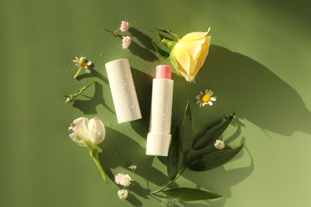 Lip balm and flowers on olive background, flat layの写真素材