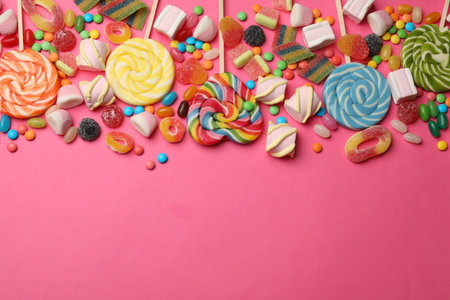 Different delicious candies and marshmallows on pink background, flat lay. Space for textの写真素材