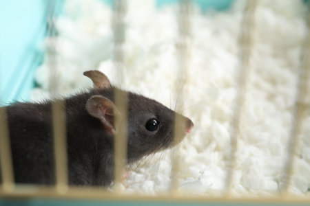One adorable little rat in cage, closeupの写真素材