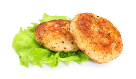 Delicious patties and lettuce isolated on whiteの写真素材