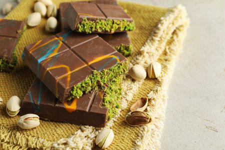 Pieces of Dubai chocolate bar with pistachios and knafeh on light table, closeupの写真素材