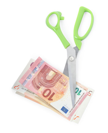 Euro banknotes and scissors isolated on white, top viewの写真素材
