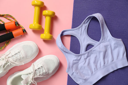 Different gym stuff on pink background, flat layの写真素材