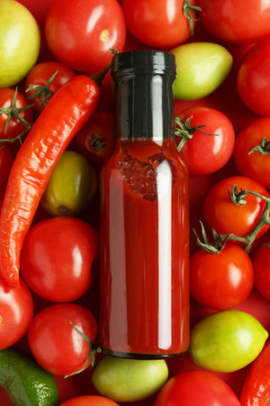 Tasty ketchup in bottle, chili and fresh tomatoes on red background, top viewの写真素材