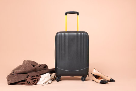 Suitcase, shoes and messy pile of clothes on beige backgroundの写真素材