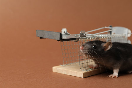 Rat and metal mouse trap on brown background, closeup. Space for textの写真素材