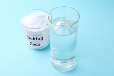 Glass of water and baking soda on light blue backgroundの写真素材