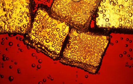Refreshing soda water with ice cubes as background, closeup