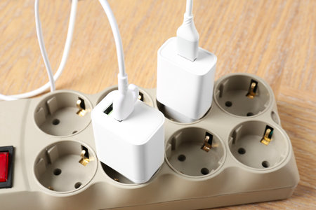 USB adapters with charge cables in power strip on wooden table, closeupの写真素材