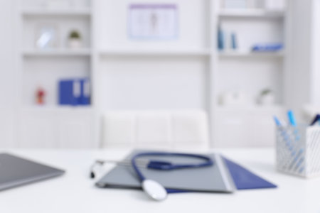 Blurred view of doctor's workplace in medical office, closeupの写真素材