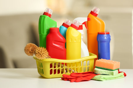 Different detergents, brushes, gloves and sponges on white table against blurred backgroundの写真素材