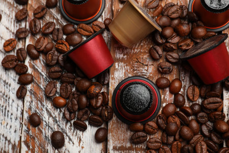 Coffee capsules and beans on wooden table, flat layの写真素材