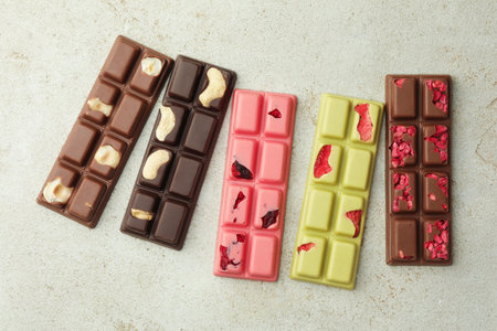 Delicious chocolate bars with different flavors on light table, flat layの写真素材