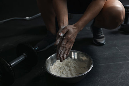 Woman applying powder onto her hands above bowl before training in gym, closeup