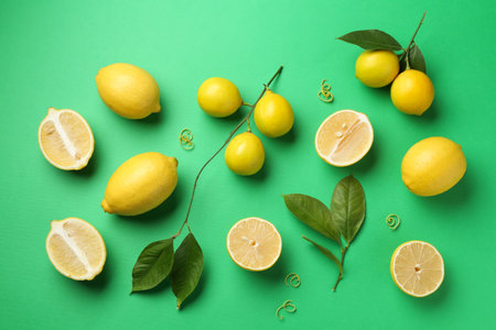 Lemon zest, fresh fruits and leaves on green background, flat lay