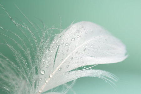 Fluffy white feather with water drops on light turquoise background, closeupの写真素材