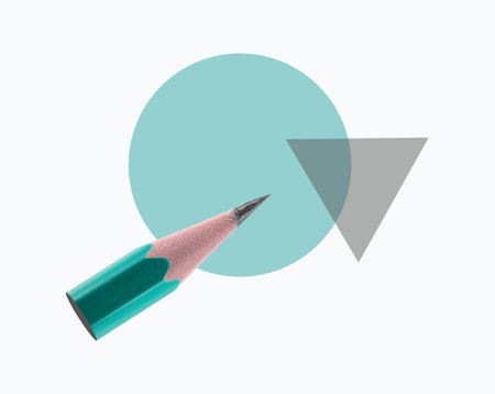 Creative poster. Small pencil, light turquoise circle and gray triangle on white backgroundの写真素材