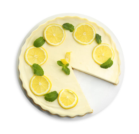 Tasty lemon cheesecake with mint isolated on white, top viewの写真素材