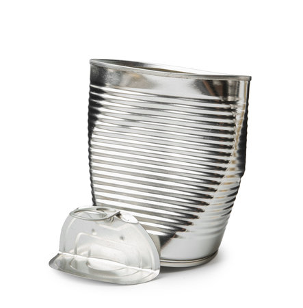 One crumpled tin can isolated on white