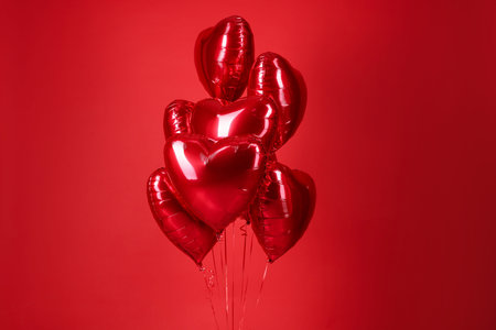 Many heart-shaped balloons on red background. Valentine's day