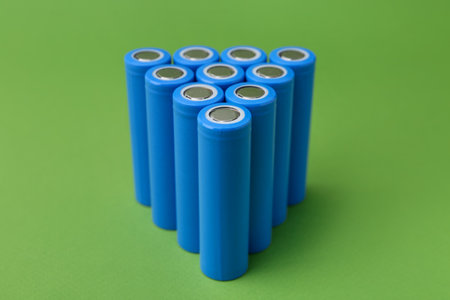 Many AA cell batteries on green background, closeupの写真素材