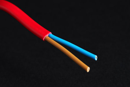 Red stripped electrical wire on black background, closeupの写真素材