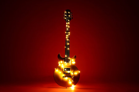 Electric guitar with Christmas lights on dark red background