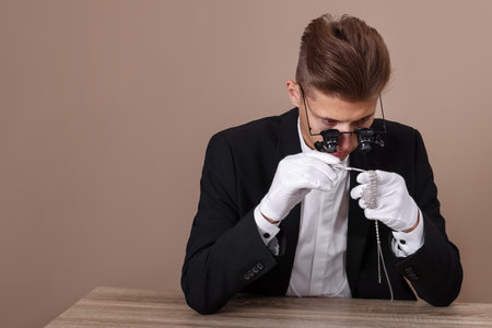Appraiser with tweezers evaluating luxury necklace at wooden table against beige background. Space for textの写真素材