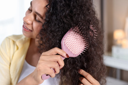 Young woman brushing her curly hair indoors. Selective focusの写真素材