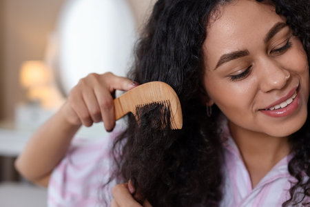 Smiling young woman brushing her curly hair with comb indoorsの写真素材