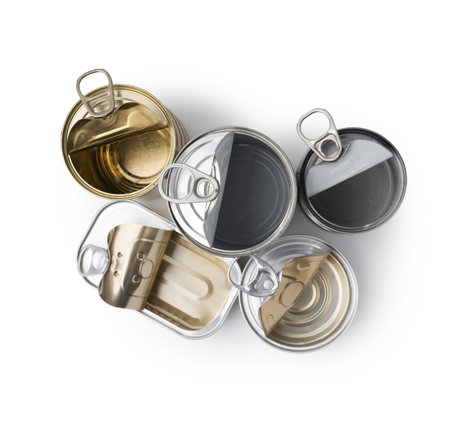 Many open tin cans isolated on white, top viewの写真素材