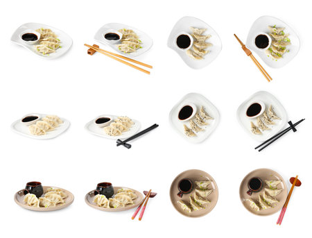 Tasty boiled gyoza (dumplings) with soy sauce on white background, collageの写真素材