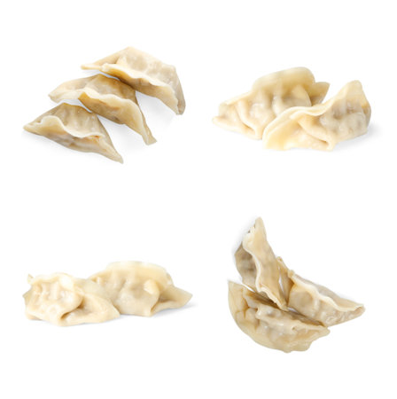 Tasty boiled gyoza (dumplings) on white background, collageの写真素材