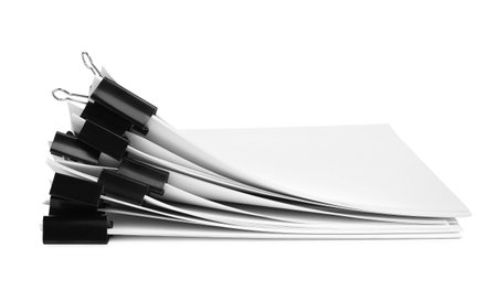 Binder clips with sheets of paper isolated on white