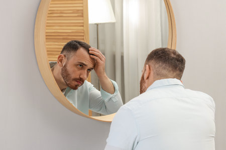 Baldness problem. Man with receding hairline near mirror at home, back viewの写真素材