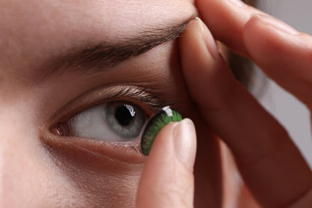 Woman putting in green color contact lens on grey background, closeupの写真素材