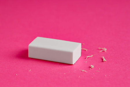 One eraser and scraps on pink background, closeup