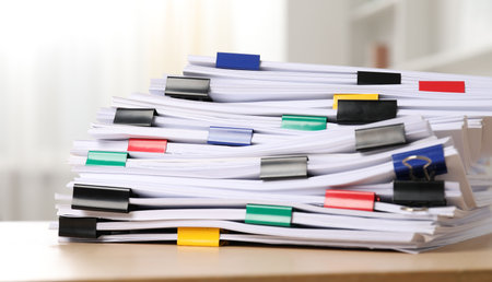 Colorful binder clips with sheets of paper on table indoors, closeup