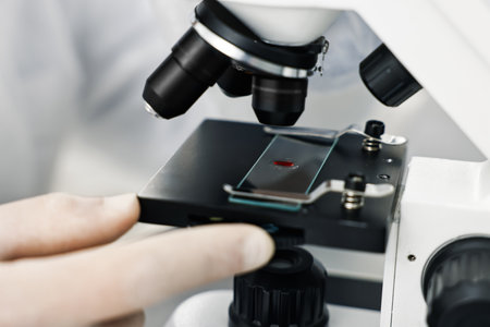 Scientist working with microscope in laboratory, closeupの写真素材