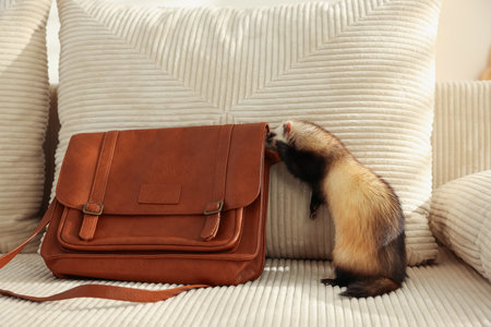 Cute ferret getting into bag on sofaの写真素材