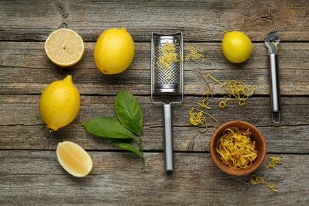 Lemon zest, tools and fresh fruits on wooden table, flat layの写真素材