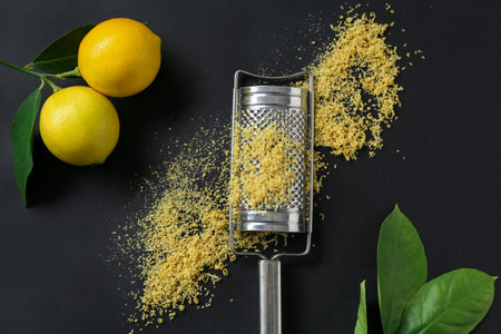 Grater with lemon zest, fresh fruits and leaves on black background, flat layの写真素材