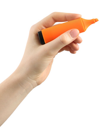 Woman with highlighter on white background, closeupの写真素材