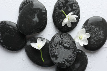 Wet spa stones and beautiful flowers on white background, flat layの写真素材