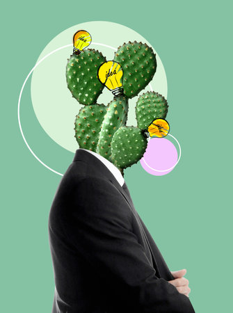 Creative art collage. Man with light bulbs and cactus instead of head on color background. Conceptual poster about idea and inspirationの写真素材