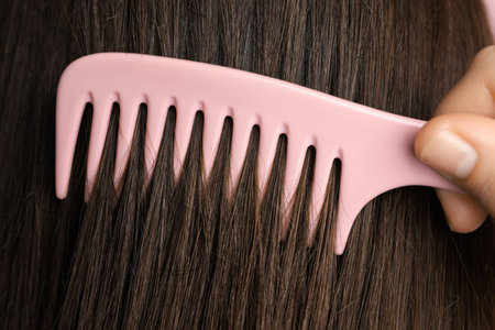 Woman brushing hair with plastic comb, closeup
