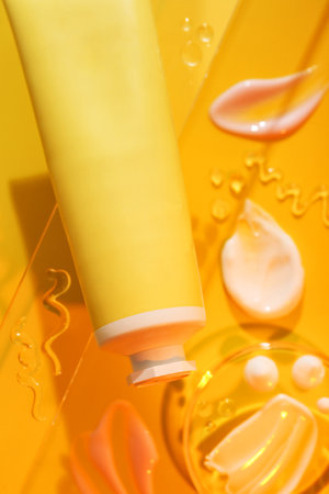 Cream and gel samples on orange background, flat lay. Stylish presentation with tube of skincare productの写真素材